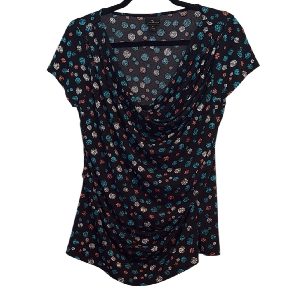 🌻 Worthington Black with Pink, White, and Blue Polka Dots Blouse